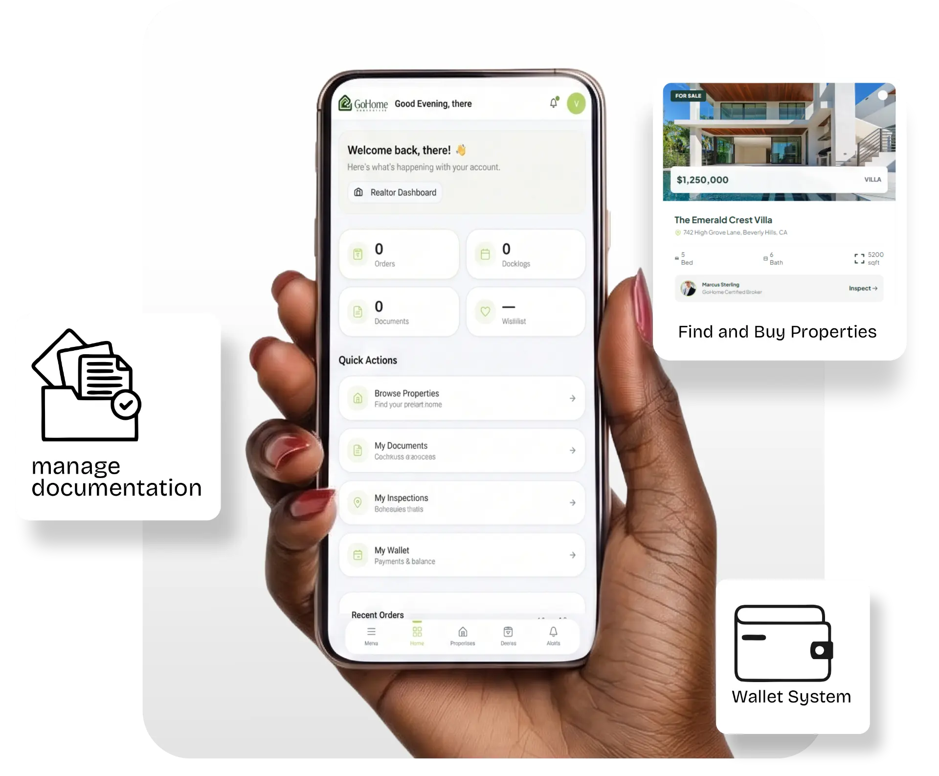 Customer mobile app showing dashboard, wallet and property management